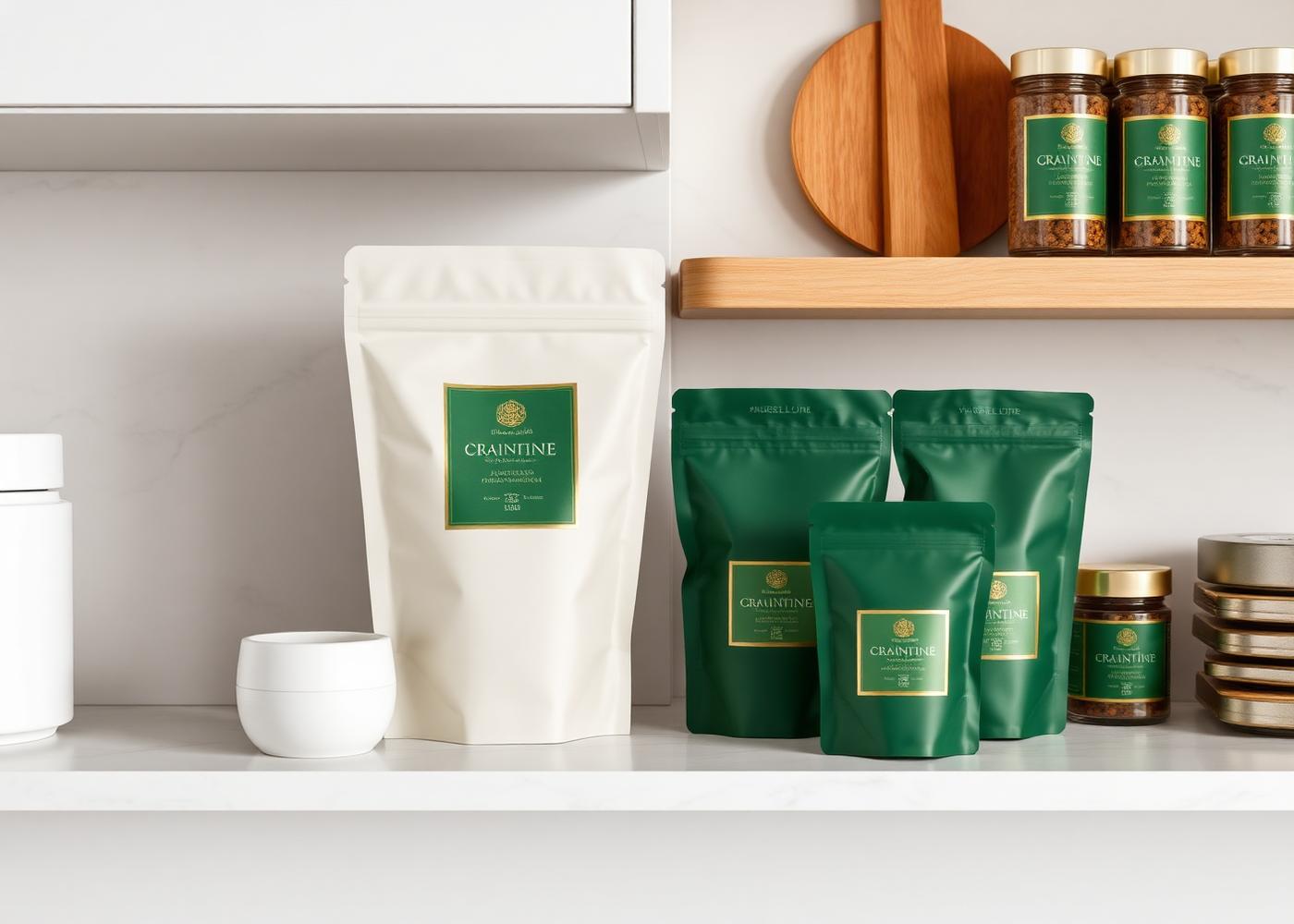 Premium spice packaging arranged on a bright modern kitchen shelf