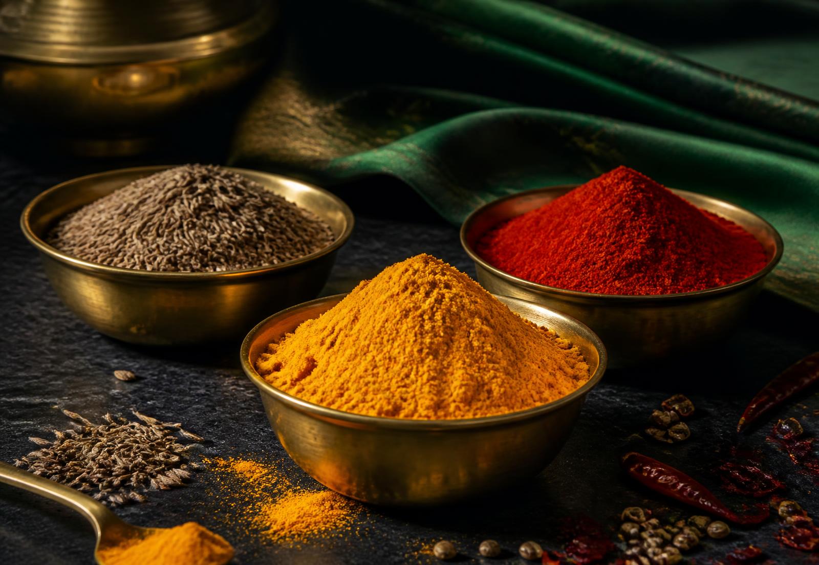 Turmeric, chilli and cumin in brass bowls on a dark stone surface
